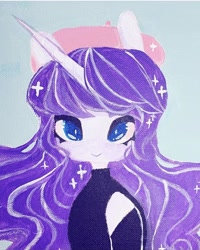 Size: 720x902 | Tagged: safe, artist:dollbunnie, rarity, unicorn, semi-anthro, g4, sweet and elite, acrylic painting, alternate hairstyle, arm hooves, becoming popular, beret, clothes, fanart, female, hat, instagram, solo, sweater, traditional art