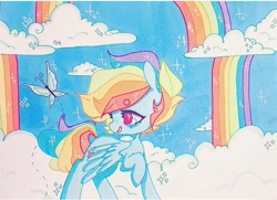 Size: 720x522 | Tagged: safe, artist:dollbunnie, rainbow dash, butterfly, pegasus, pony, g4, cloud, cloudsdale, eyebrows, instagram, marker drawing, rainbows, short hair, sparkles, traditional art, wings