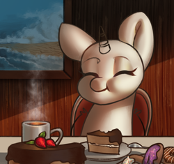Size: 2056x1929 | Tagged: safe, artist:klooda, pony, bust, cake, candy, cheek bulge, commission, cute, donut, eating, eyelashes, eyes closed, female, food, happy, mare, picture, portrait, sitting, smiling, solo, spoon, sweets, table, tea, ych example, your character here, yummy