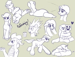 Size: 1299x1000 | Tagged: safe, artist:redquoz, oc, dragon, earth pony, pony, unicorn, :p, belly, cheek squish, coffee, coffee mug, creeper, dragon oc, drawpile, earth pony oc, female, galloping, happy, heart, helmet, hooves, horn, hug, hyperactive, lamp, looking at you, looking away, lying down, male, mare, mining helmet, mug, paintstorm studio, pillow, pudgy, simple background, sketch, sketch dump, sleeping, spikey mane, squishy cheeks, stallion, tongue out, unicorn oc