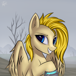 Size: 3000x3000 | Tagged: safe, artist:xanter, oc, oc only, oc:psychoshy, pegasus, pony, fallout equestria, fallout equestria: project horizons, bust, ear fluff, eye reflection, fanfic, fanfic art, female, high res, mare, portrait, power hoof, raised hoof, reflection, smiling, solo, spread wings, tree, wings