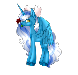 Size: 1280x1227 | Tagged: safe, artist:lilywolfpie, oc, oc:fleurbelle, alicorn, pony, adorabelle, alicornified, bow, cute, female, flower, hair bow, mare, mouth hold, race swap, rose, simple background, transparent background, wingding eyes, yellow eyes