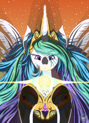 Size: 4000x5500 | Tagged: safe, artist:template93, princess celestia, alicorn, pony, g4, absurd resolution, clothes, crown, gem, glowing horn, horn, jewelry, lens flare, magic, regalia, shoes, space, sparkles, stars, sun, wavy mane