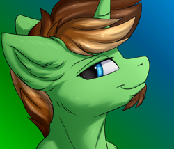 Size: 3500x3000 | Tagged: safe, artist:snowstormbat, oc, oc only, oc:glow speed, pony, unicorn, beard, bedroom eyes, bust, ear fluff, facial hair, goatee, gradient background, high res, horn, looking at you, male, portrait, smiling, smirk, solo, stallion