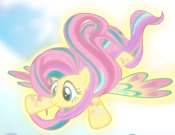 Size: 575x443 | Tagged: safe, screencap, fluttershy, pegasus, pony, g4, twilight's kingdom, cropped, female, flying, glowing, rainbow power, smiling, solo, spread wings, wings