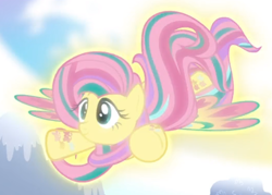 Size: 686x492 | Tagged: safe, screencap, fluttershy, pegasus, pony, g4, twilight's kingdom, cropped, female, flying, glowing, rainbow power, smiling, solo, spread wings, wings