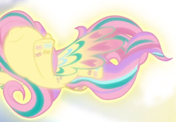 Size: 720x497 | Tagged: safe, screencap, fluttershy, pegasus, pony, g4, twilight's kingdom, cropped, female, flying, glowing, nose in the air, rainbow power, smiling, solo, spread wings, wings