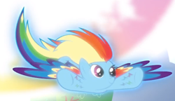 Size: 776x446 | Tagged: safe, screencap, rainbow dash, pegasus, pony, g4, twilight's kingdom, cropped, female, flying, glowing, rainbow power, smiling, solo, spread wings, wings