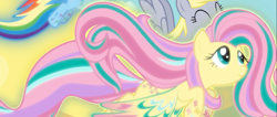 Size: 1663x706 | Tagged: safe, screencap, derpy hooves, fluttershy, rainbow dash, pegasus, pony, g4, twilight's kingdom, cropped, female, flying, glowing, rainbow power, smiling, solo focus, spread wings, wings