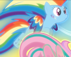 Size: 669x536 | Tagged: safe, screencap, fluttershy, rainbow dash, pegasus, pony, g4, twilight's kingdom, cropped, female, flying, glowing, offscreen character, rainbow power, smiling, solo focus, spread wings, wings