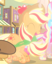 Size: 580x718 | Tagged: safe, screencap, applejack, braeburn, pinkie pie, earth pony, pony, g4, twilight's kingdom, cropped, cute, eyes closed, female, glowing, jackabetes, male, mare, offscreen character, open mouth, rainbow power, smiling, solo focus, stallion