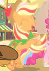 Size: 527x756 | Tagged: safe, screencap, applejack, braeburn, pinkie pie, earth pony, pony, g4, twilight's kingdom, cropped, cute, eyes closed, female, glowing, jackabetes, male, mare, offscreen character, open mouth, rainbow power, rearing, smiling, solo focus, stallion