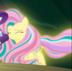 Size: 638x627 | Tagged: safe, screencap, fluttershy, rarity, pegasus, pony, unicorn, g4, twilight's kingdom, cropped, eyes closed, female, glowing, offscreen character, rainbow power, solo focus