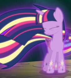 Size: 717x787 | Tagged: safe, screencap, rarity, twilight sparkle, alicorn, pony, g4, twilight's kingdom, cropped, eyes closed, female, glowing, offscreen character, rainbow power, solo focus, twilight sparkle (alicorn)