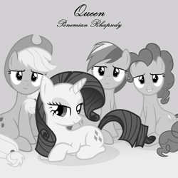 Size: 2000x2000 | Tagged: safe, artist:grapefruitface1, artist:slb94, applejack, pinkie pie, rainbow dash, rarity, pony, g4, gradient background, grayscale, high res, looking at you, lying down, monochrome, ponified single cover, queen (band), show accurate, single cover, sitting