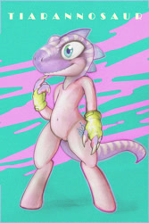 Size: 2000x3000 | Tagged: safe, artist:darkdoomer, diamond tiara, dinosaur, g4, belly button, bipedal, clothes, context is for the weak, female, filly, fursuit, gloves, high res, solo, standing, wat