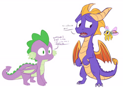 Size: 4591x3299 | Tagged: safe, artist:chub-wub, spike, dragon, dragonfly, insect, g4, all fours, bipedal, confused, crossover, male, open mouth, quadrupedal spike, simple background, sparx the dragonfly, spyro the dragon, spyro the dragon (series), white background, winged spike, wings