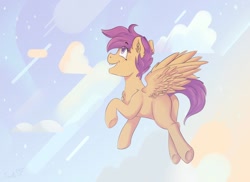 Size: 1280x934 | Tagged: safe, artist:tavifly, scootaloo, pegasus, pony, blank flank, chest fluff, cloud, cute, cutealoo, ear fluff, female, filly, flying, open mouth, scootaloo can fly, sky, smiling, solo, spread wings, wings