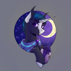 Size: 1080x1080 | Tagged: safe, artist:ash_helz, oc, oc only, pony, unicorn, bust, cloak, clothes, colored hooves, crescent moon, horn, moon, night, solo, stars, unicorn oc