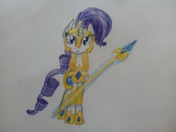 Size: 1280x960 | Tagged: safe, artist:kiwwsplash, rarity, pony, unicorn, g4, armor, female, glowing horn, helmet, hoof shoes, horn, magic, mare, royal guard, royal guard rarity, smiling, solo, spear, telekinesis, traditional art, weapon