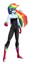 Size: 2043x4500 | Tagged: safe, artist:danmakuman, rainbow dash, human, equestria girls, g4, adorasexy, bare shoulders, clothes, commission, cute, female, gloves, high res, looking at you, sexy, sleeveless, smiling, solo, strapless, unitard