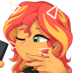 Size: 800x800 | Tagged: safe, artist:maren, sunset shimmer, equestria girls, g4, bust, cat ears, cute, female, nyanset shimmer, one eye closed, peace sign, phone, portrait, selfie, shimmerbetes, simple background, solo, whiskers, white background, wink