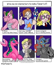 Size: 1080x1281 | Tagged: safe, artist:sharkledog, spike (g1), dragon, human, g1, all-star stan, armor, clothes, crossover, dorian gray, duality, eyepatch, female, harry potter (series), luna lovegood, male, necktie, scepter, serendipity the pink dragon, six fanarts, starry eyes, thumbs up, undertale, undyne, wingding eyes