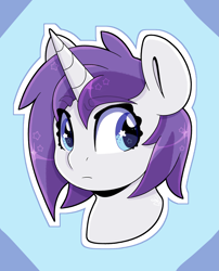 Size: 3235x4000 | Tagged: safe, alternate version, artist:partypievt, oc, oc only, oc:indigo wire, pony, unicorn, alternate design, alternate hairstyle, bobcut, bust, eyebrows, eyebrows visible through hair, high res, looking away, portrait, simple background, solo, sticker, wingding eyes