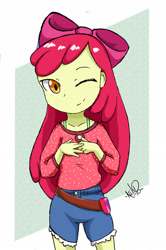 Size: 1691x2540 | Tagged: safe, artist:kalipoart, apple bloom, equestria girls, g4, adorabloom, apple bloom's bow, belt, bow, clothes, cute, denim shorts, female, hair bow, looking at you, one eye closed, orange eyes, patterned background, red hair, shorts, smiling at you, solo, watermark, wink, winking at you