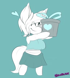 Size: 1152x1280 | Tagged: safe, artist:gin-blade, oc, oc only, oc:azur lachrimae, earth pony, anthro, unguligrade anthro, adorable face, big breasts, blouse, breasts, chibi, clothes, commission, cute, digital art, eyes closed, female, monochrome, present, simple background, skirt, solo, tail