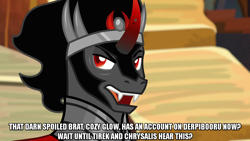 Size: 1280x720 | Tagged: safe, edit, edited screencap, screencap, king sombra, pony, g4, the beginning of the end, caption, curved horn, horn, image macro, implied chrysalis, implied cozy glow, implied lord tirek, jewelry, male, meme, regalia, text