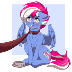 Size: 2500x2500 | Tagged: safe, artist:kaintaniel, oc, oc only, oc:loco steamy, oc:steam loco, pegasus, pony, blushing, bowl, collar, commission, cute, dominant pov, drool, high res, hypnosis, kaa eyes, leash, male, pet bowl, pet play, sitting, solo, spread wings, swirly eyes, wings, ych result