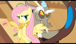 Size: 1024x600 | Tagged: safe, screencap, discord, fluttershy, draconequus, pegasus, pony, g4, keep calm and flutter on, annoyed, evil smile, fluttershy is not amused, fluttershy's cottage, grin, hug, looking at each other, smiling, unamused