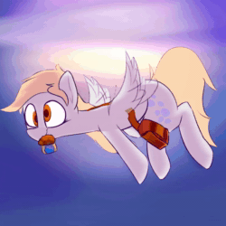 Size: 2160x2160 | Tagged: safe, artist:packy paca, derpy hooves, pegasus, pony, g4, animated, eating, female, flying, food, high res, muffin, no sound, sky, smiling, sun, webm
