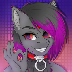 Size: 4050x4050 | Tagged: safe, artist:bellfa, part of a set, oc, oc only, oc:lucid rose, bat pony, hybrid, wolf, anthro, bat pony oc, bat wings, collar, commission, decoration, fangs, female, fluffy, gem, hybrid pony, original art, piercing, ruby, smiling, smirk, solo, two toned eyes, two toned hair, wings, wool, ych result