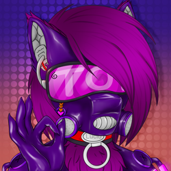 Size: 4050x4050 | Tagged: safe, artist:bellfa, part of a set, oc, oc only, oc:lucid rose, bat pony, hybrid, wolf, anthro, bat pony oc, bat wings, collar, commission, decoration, fangs, female, filter, fluffy, gas mask, hybrid pony, hypnogear, latex, latex suit, mask, original art, original style, piercing, smiling, smirk, solo, two toned eyes, visor, wings, wool, ych result