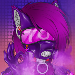 Size: 4050x4050 | Tagged: safe, alternate version, artist:bellfa, part of a set, oc, oc only, oc:lucid rose, bat pony, hybrid, wolf, anthro, bat pony oc, bat wings, collar, commission, decoration, fangs, female, filter, fluffy, gas mask, hybrid pony, hypnogear, latex, latex suit, mask, original art, original style, piercing, smiling, smirk, smoke, solo, two toned eyes, visor, wings, wool, ych result