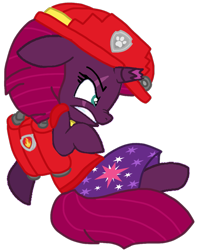 Size: 861x1080 | Tagged: safe, artist:徐詩珮, fizzlepop berrytwist, tempest shadow, pony, unicorn, series:sprglitemplight diary, series:sprglitemplight life jacket days, series:springshadowdrops diary, series:springshadowdrops life jacket days, g4, alternate universe, angry, broken horn, clothes, cute, cutie mark, cutie mark on clothes, dress, eye scar, female, gritted teeth, helmet, horn, mare, marshall (paw patrol), paw patrol, paw prints, scar, simple background, solo, transparent background