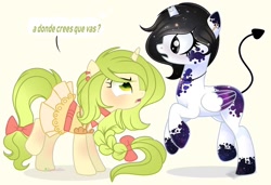 Size: 1280x877 | Tagged: safe, artist:2pandita, oc, oc only, alicorn, pony, unicorn, augmented tail, broken horn, clothes, dress, female, horn, mare, spanish