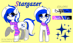 Size: 1500x876 | Tagged: safe, artist:helithusvy, oc, oc only, pony, unicorn, blue eyes, clothes, commission, female, glasses, horn, mare, reference sheet, scarf, simple background, solo, unicorn oc, white pony, yellow background