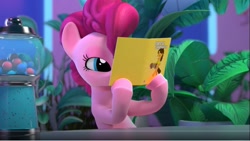Size: 1231x694 | Tagged: safe, screencap, cheese sandwich, pinkie pie, g4, hello pinkie pie, accordion, book, candy, food, gumball, gumball machine, musical instrument, plant, reading