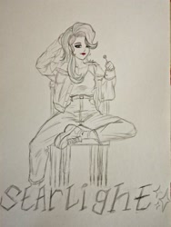 Size: 1544x2048 | Tagged: safe, artist:анна, starlight glimmer, human, g4, candy, clothes, female, food, humanized, jacket, lipstick, looking at you, monochrome, one eye closed, sitting, solo, traditional art, wink