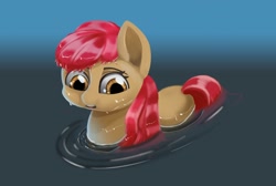 Size: 1920x1287 | Tagged: safe, artist:meodaiduoi, apple bloom, g4, lake, simple background, water, wave, wet, wet mane, worried, worried smile