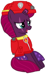 Size: 672x1080 | Tagged: safe, alternate version, artist:徐詩珮, fizzlepop berrytwist, tempest shadow, pony, unicorn, series:sprglitemplight diary, series:sprglitemplight life jacket days, series:springshadowdrops diary, series:springshadowdrops life jacket days, g4, alternate universe, background removed, broken horn, clothes, cute, cutie mark, cutie mark on clothes, dress, eye scar, eyelashes, female, helmet, horn, mare, marshall (paw patrol), open mouth, paw patrol, paw prints, scar, simple background, sitting, smiling, solo, transparent background