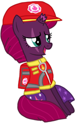 Size: 660x1070 | Tagged: safe, alternate version, artist:徐詩珮, fizzlepop berrytwist, tempest shadow, pony, unicorn, series:sprglitemplight diary, series:sprglitemplight life jacket days, series:springshadowdrops diary, series:springshadowdrops life jacket days, g4, aid marshall (paw patrol), alternate universe, background removed, broken horn, clothes, cute, cutie mark, cutie mark on clothes, dress, eye scar, eyelashes, female, helmet, horn, mare, marshall (paw patrol), open mouth, paw patrol, paw prints, scar, simple background, sitting, smiling, solo, transparent background