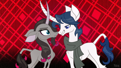 Size: 1280x720 | Tagged: safe, artist:felux, oleander (tfh), oc, oc:vesper iris, classical unicorn, pony, unicorn, them's fightin' herds, background character, clothes, community related, curved horn, duo, eye contact, female, frown, grin, horn, leonine tail, lidded eyes, looking at each other, looking at someone, male, red background, scarf, signature, simple background, smiling, tfh oc