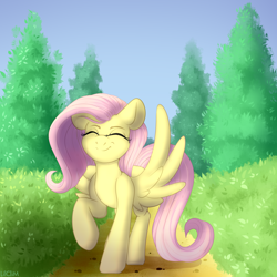 Size: 5000x5000 | Tagged: safe, artist:lilclim, fluttershy, pegasus, pony, g4, absurd resolution, cute, eyes closed, female, happy, mare, shyabetes, smiling, solo, spread wings, tree, walking, wings