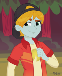 Size: 3134x3840 | Tagged: safe, artist:felux, fry lilac, human, equestria girls, equestria girls series, g4, alternate clothes, clothes, hat, high res, male, piercing, show accurate, smiling, smirk, solo