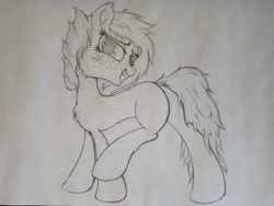 Size: 2016x1512 | Tagged: safe, artist:straighttothepointstudio, oc, oc only, oc:materlia harvest, earth pony, pony, black and white, female, fluffy, freckles, grayscale, happy, long mane, long tail, looking at you, mare, monochrome, satisfied, solo