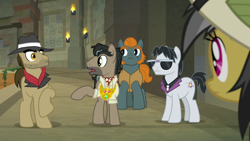 Size: 1920x1080 | Tagged: safe, screencap, biff, daring do, doctor caballeron, rogue (g4), withers, earth pony, pegasus, pony, daring doubt, g4, ascot tie, clothes, fedora, female, hat, henchmen, male, mare, necktie, pith helmet, shirt, stallion, sunglasses, truth talisman
